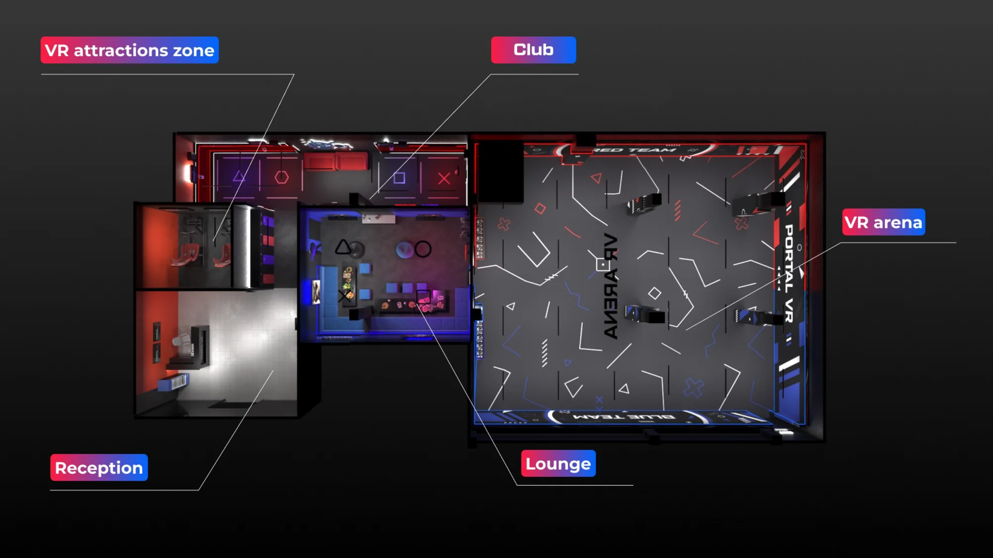 Illustrative park layout with reception, arena, VR stations and social spaces